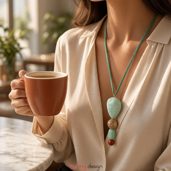 Amazonite necklace with gold-plated charm bead and agate